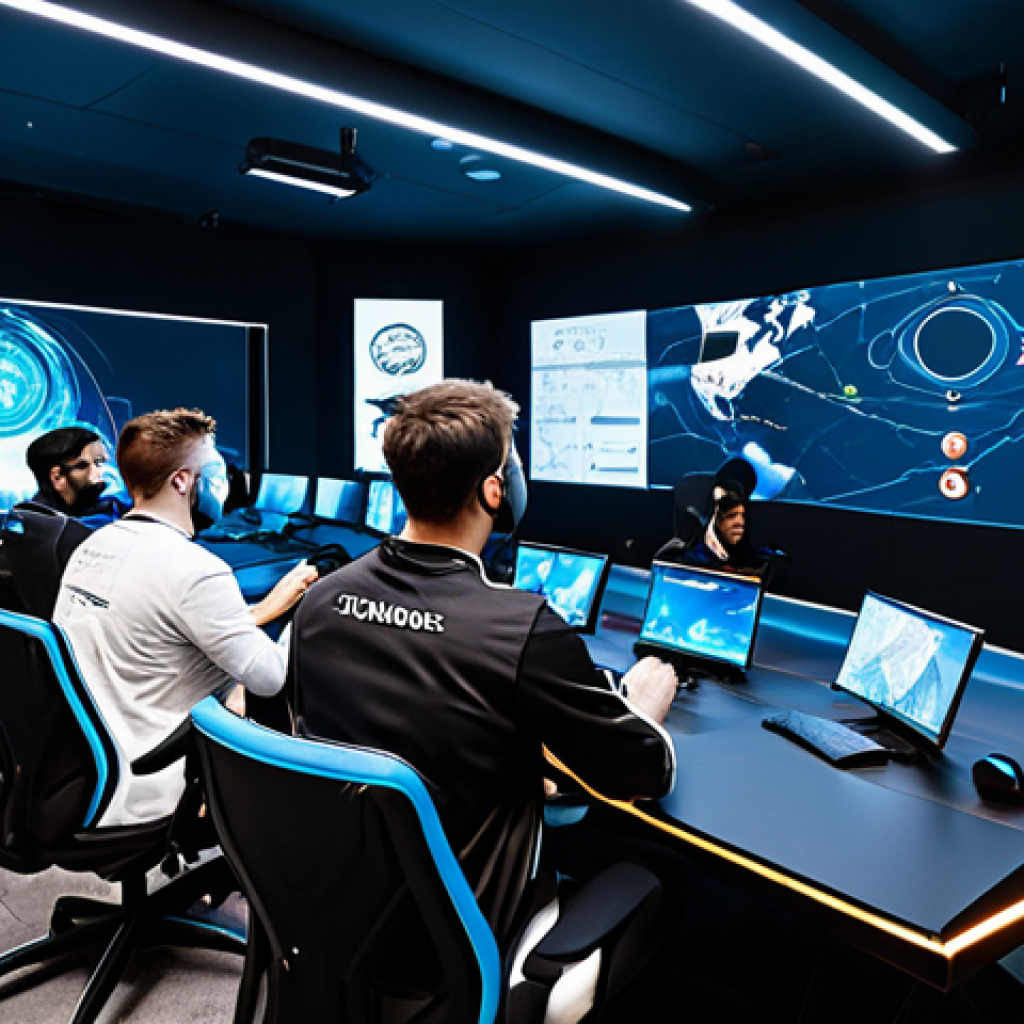 A diverse group of professional esports players, wearing modest team uniforms, are intensely focused around a large holographic display in a high-tech gaming strategy room. They are engaged in a collaborative discussion, pointing at strategic maps and character data on the screen. The room features ergonomic gaming chairs and sleek, modern equipment. All individuals are fully clothed in appropriate attire, safe for work, and maintaining professional composure. Perfect anatomy, correct proportions, natural poses, well-formed hands, proper finger count, natural body proportions, professional photography, high quality, appropriate content, family-friendly.