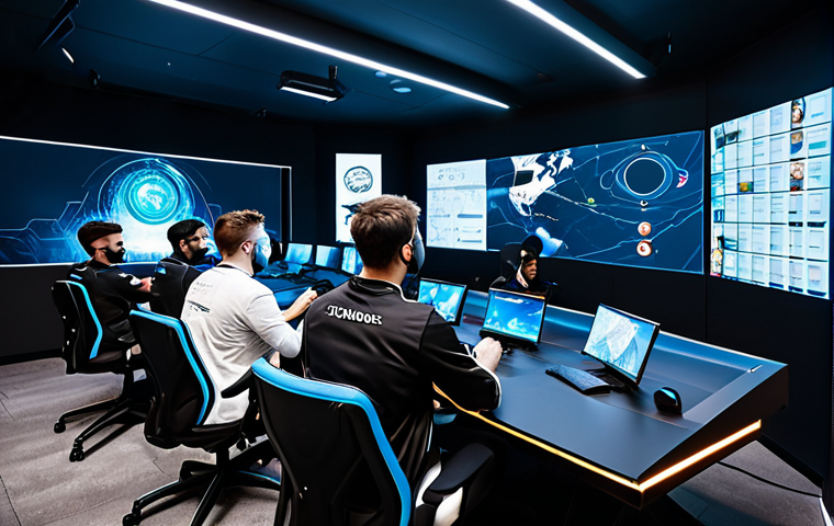 A diverse group of professional esports players, wearing modest team uniforms, are intensely focused around a large holographic display in a high-tech gaming strategy room. They are engaged in a collaborative discussion, pointing at strategic maps and character data on the screen. The room features ergonomic gaming chairs and sleek, modern equipment. All individuals are fully clothed in appropriate attire, safe for work, and maintaining professional composure. Perfect anatomy, correct proportions, natural poses, well-formed hands, proper finger count, natural body proportions, professional photography, high quality, appropriate content, family-friendly.