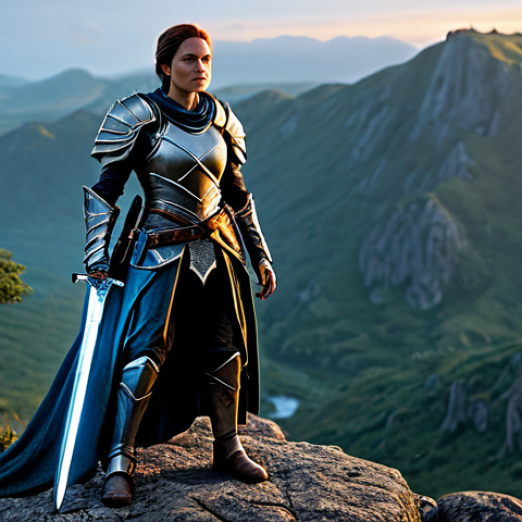 A determined female adventurer in a sturdy, modest fantasy armor, equipped with a glowing sword, standing confidently on a rocky outcrop overlooking a vast, lush fantasy world at dawn. The scene emphasizes rapid progression and discovery. Professional photography, high detail, cinematic lighting, safe for work, appropriate content, fully clothed, modest clothing, family-friendly, perfect anatomy, correct proportions, natural pose, well-formed hands, proper finger count, natural body proportions.
