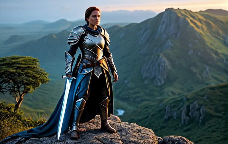 A determined female adventurer in a sturdy, modest fantasy armor, equipped with a glowing sword, standing confidently on a rocky outcrop overlooking a vast, lush fantasy world at dawn. The scene emphasizes rapid progression and discovery. Professional photography, high detail, cinematic lighting, safe for work, appropriate content, fully clothed, modest clothing, family-friendly, perfect anatomy, correct proportions, natural pose, well-formed hands, proper finger count, natural body proportions.