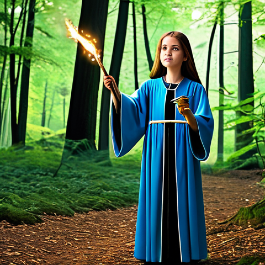 Early Game Magician**

A young female magician in simple, modest robes, holding a "Mana Staff" in a peaceful forest clearing, casting a small light spell. Fully clothed, appropriate attire, safe for work, perfect anatomy, natural proportions, family-friendly, professional illustration, vibrant colors, detailed background.

**