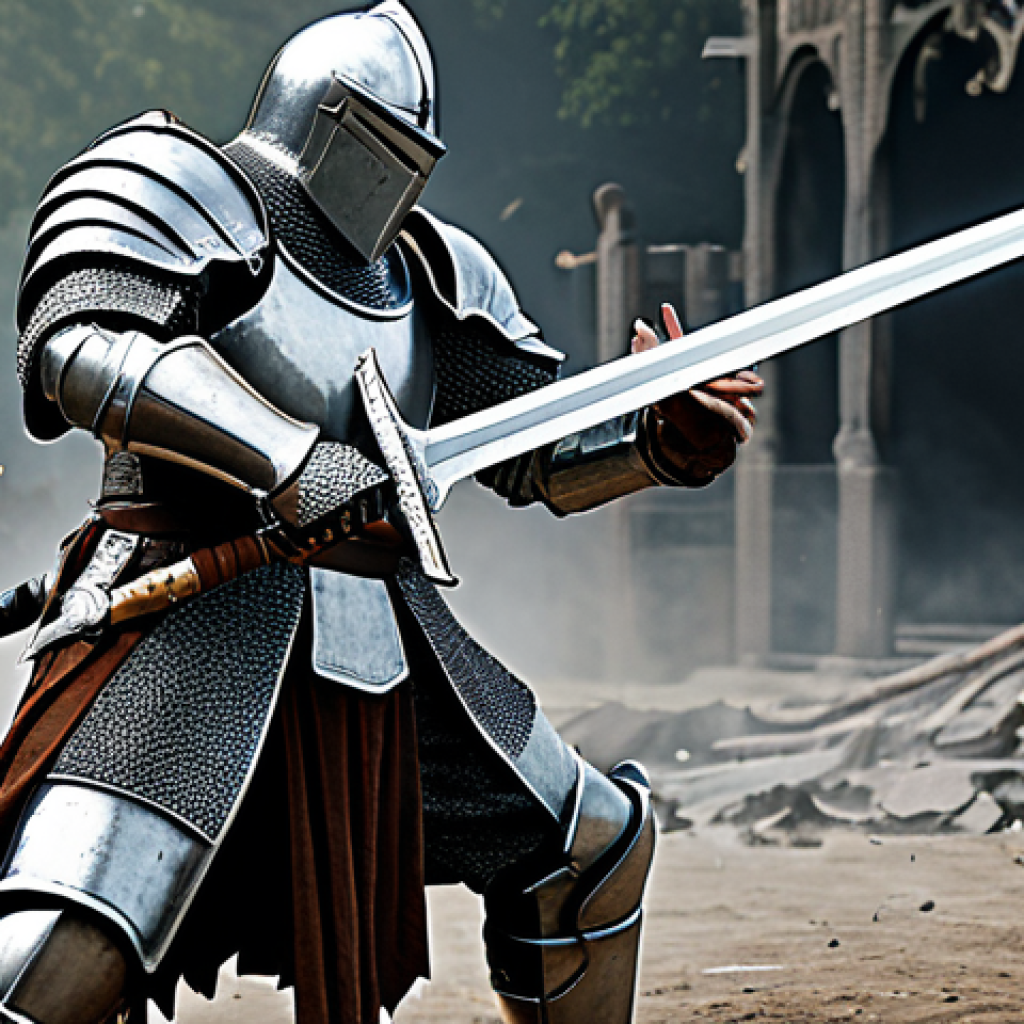 Powerful Knight in Battle**

A fully armored knight, wielding a gleaming sword, engaged in fierce combat with a monstrous enemy. Dust and debris fill the air. The knight is utilizing the "Shock Stun" skill, momentarily halting the monster's attack. Focus on the knight's strength and determination. Appropriate attire, safe for work, perfect anatomy, correct proportions, well-formed hands, professional, family-friendly.

**