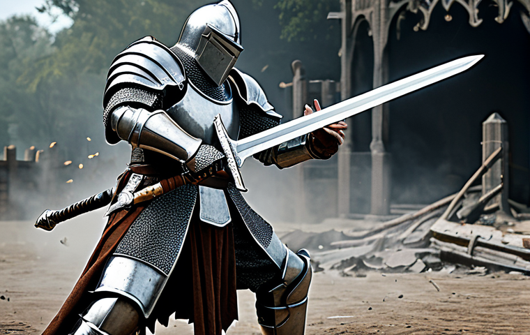 Powerful Knight in Battle**

A fully armored knight, wielding a gleaming sword, engaged in fierce combat with a monstrous enemy. Dust and debris fill the air. The knight is utilizing the "Shock Stun" skill, momentarily halting the monster's attack. Focus on the knight's strength and determination. Appropriate attire, safe for work, perfect anatomy, correct proportions, well-formed hands, professional, family-friendly.

**