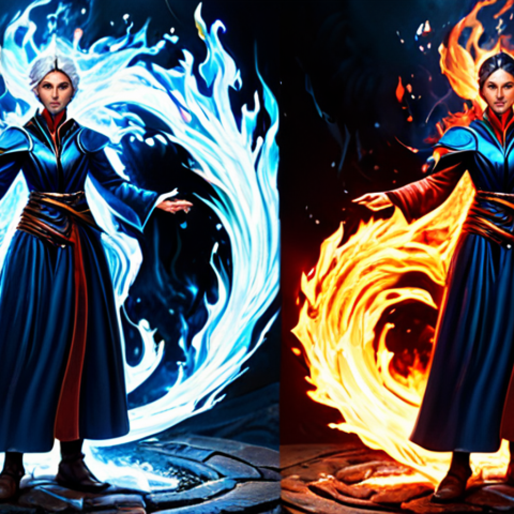 Elemental Skill Mastery**

A powerful mage, channeling fire and ice magic simultaneously, intricate elemental effects swirling around them, dynamic pose, fantasy setting, intense focus, bright contrasting colors (red/blue), volumetric lighting, high detail, digital painting. Safe for work, appropriate content, fully clothed, professional. Perfect anatomy, correct proportions, natural pose.

**