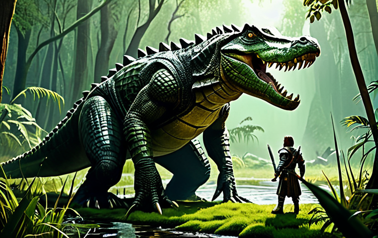 리니지M 필드 보스 도전법 - **Prompt:** "A determined adventurer, fully clothed in practical fantasy armor, facing a towering, b...