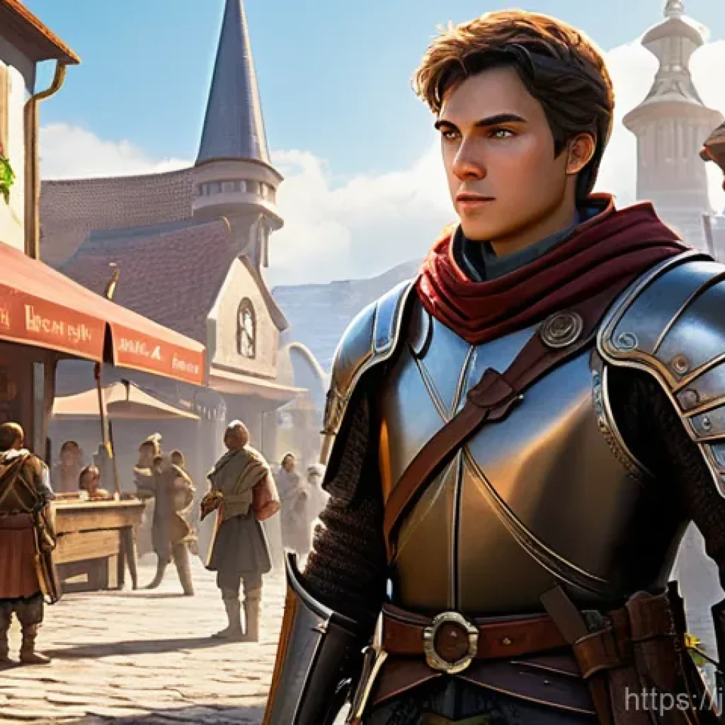 리니지M 게임 코칭 가이드 - A determined young male adventurer, fully clothed in practical leather armor and wielding a basic sw...