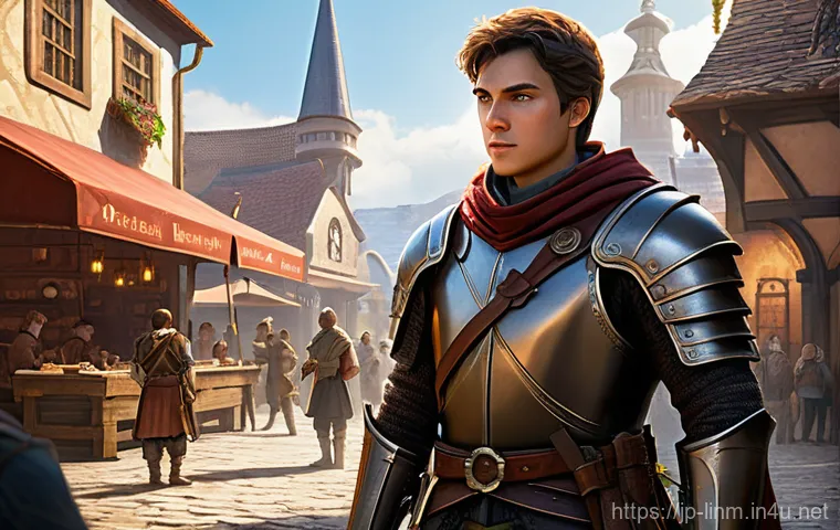 리니지M 게임 코칭 가이드 - A determined young male adventurer, fully clothed in practical leather armor and wielding a basic sw...