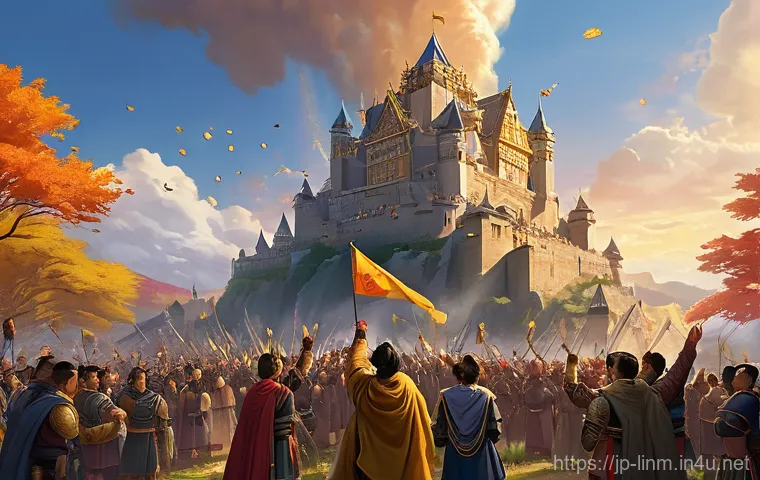 리니지M 혈맹 자원 분배 - **Prompt:** Inside a beautifully designed, well-lit "Clan Hall" meeting room, a diverse group of Lin...