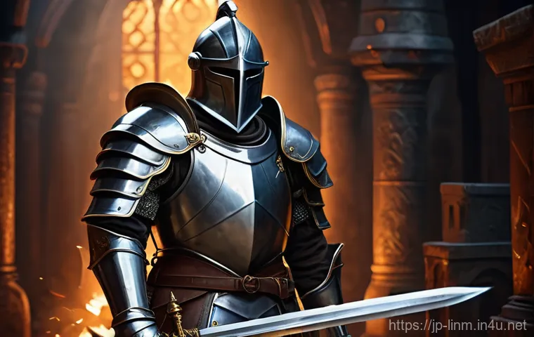 리니지M 전투력 상승법 - **Prompt: Strategic Equipment Enhancement**
    "A determined male knight, fully clad in polished, i...