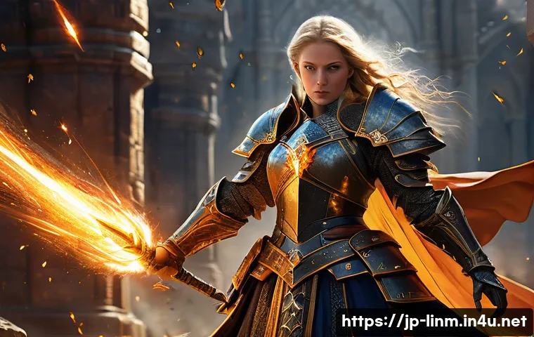 리니지M 공성전 필수 스킬 - A powerful Wizard, adorned in ornate robes and magical armor, stands on the battlements of a besiege...