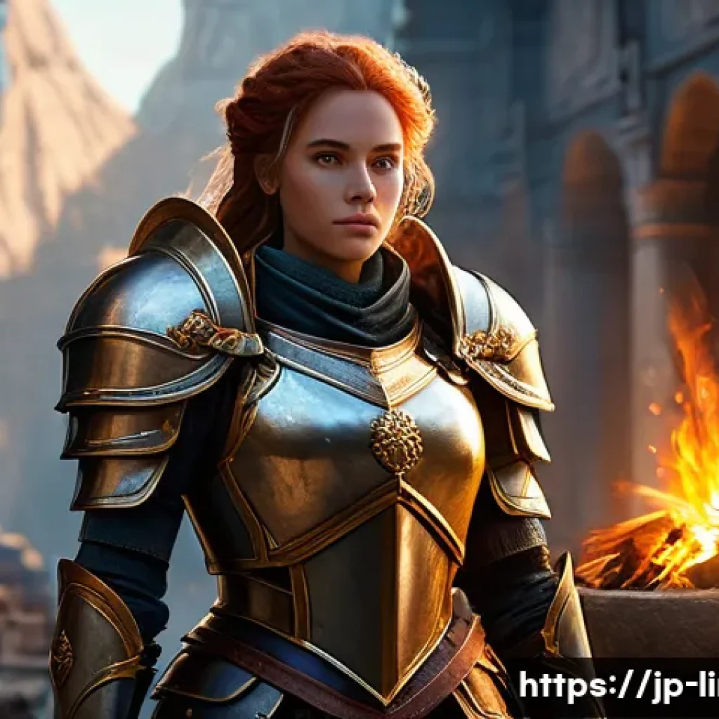 리니지M PK 방어 방법 - **Prompt: "A determined female knight stands ready for battle in a vibrant fantasy world, bathed in ...