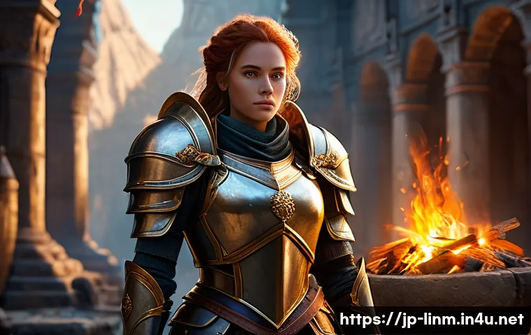 리니지M PK 방어 방법 - **Prompt: "A determined female knight stands ready for battle in a vibrant fantasy world, bathed in ...