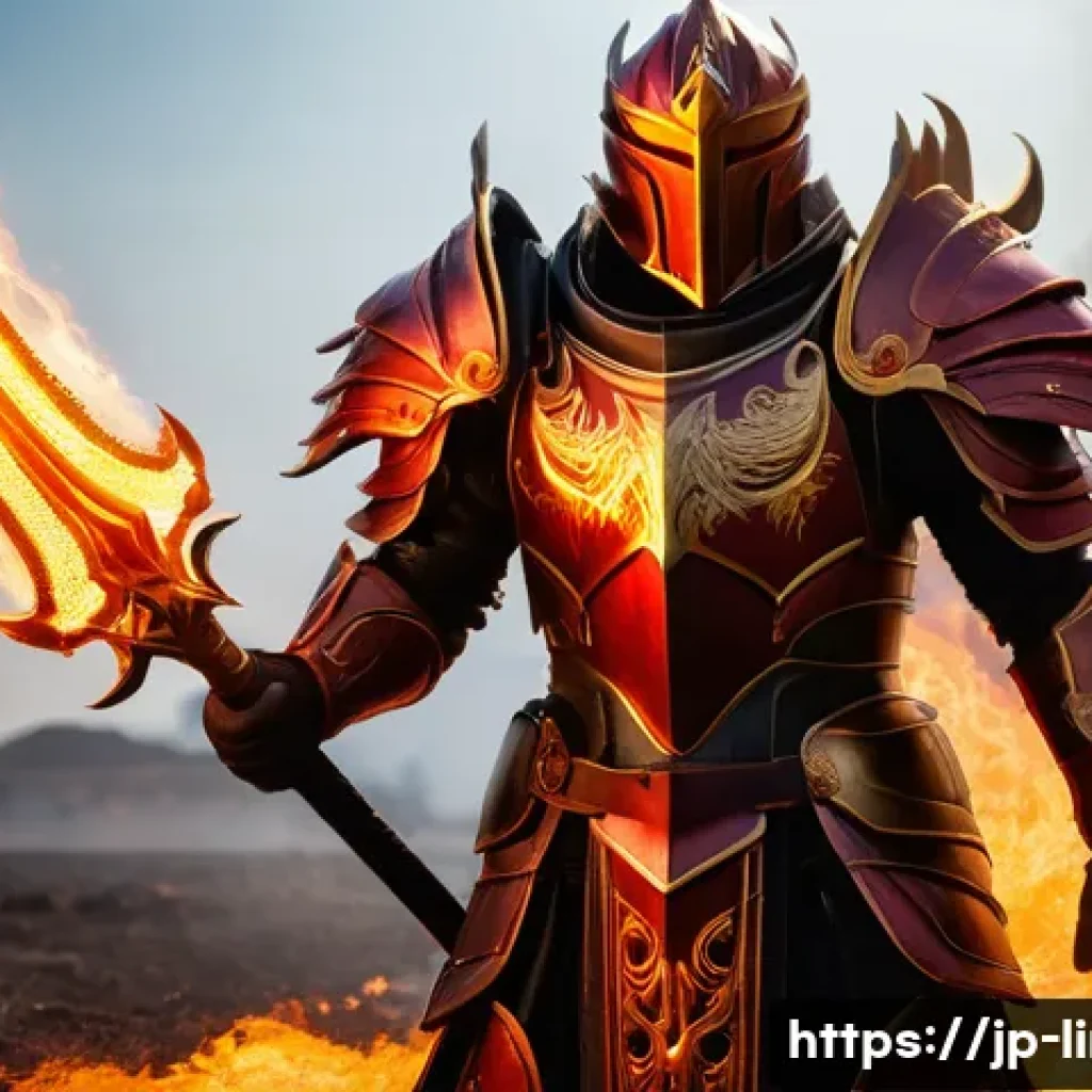리니지M 희귀 등급 아이템 리스트 - A heroic fantasy warrior clad in rare-grade armor called "Phoenix Armor," featuring glowing red and ...
