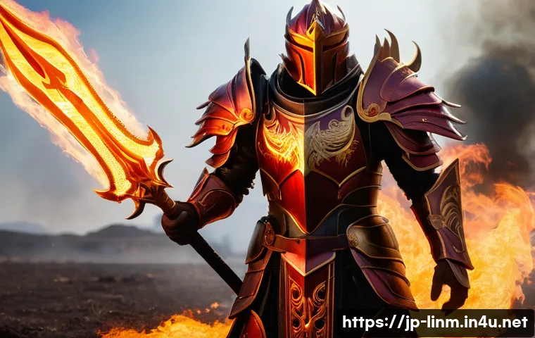 리니지M 희귀 등급 아이템 리스트 - A heroic fantasy warrior clad in rare-grade armor called "Phoenix Armor," featuring glowing red and ...
