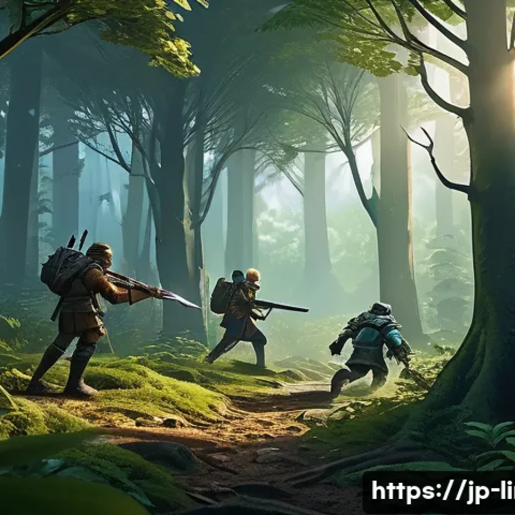 리니지M 용사 패키지 활용법 - A detailed fantasy RPG scene showing a group of three adventurers in a lush forest hunting monsters ...