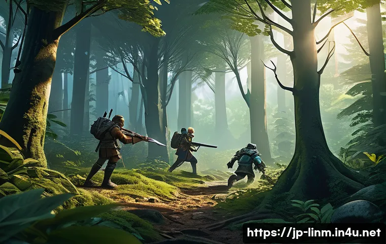 리니지M 용사 패키지 활용법 - A detailed fantasy RPG scene showing a group of three adventurers in a lush forest hunting monsters ...