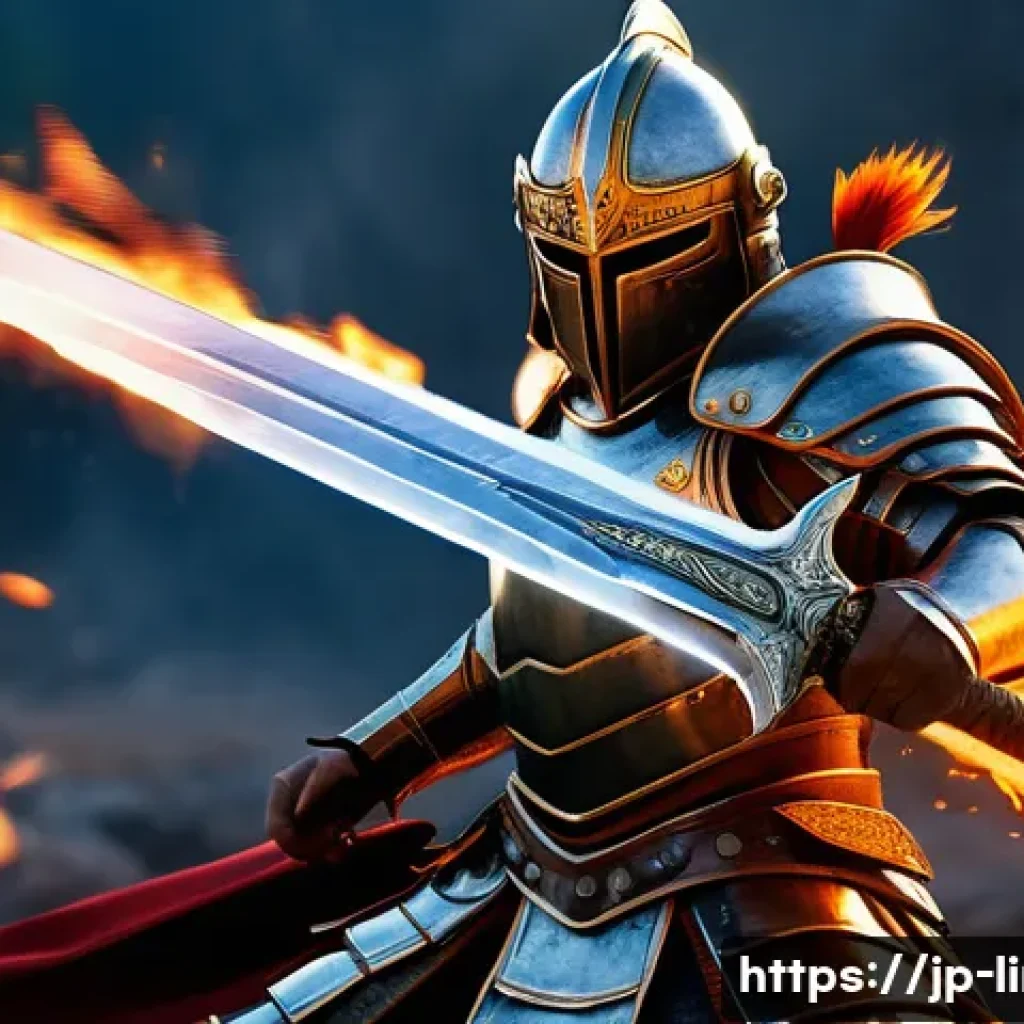 리니지M 희귀 장비 조합법 - A dynamic warrior clad in the rare “Blazing Sword” and “Sturdy Armor” set, wielding a flaming sword ...