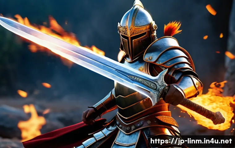 리니지M 희귀 장비 조합법 - A dynamic warrior clad in the rare “Blazing Sword” and “Sturdy Armor” set, wielding a flaming sword ...