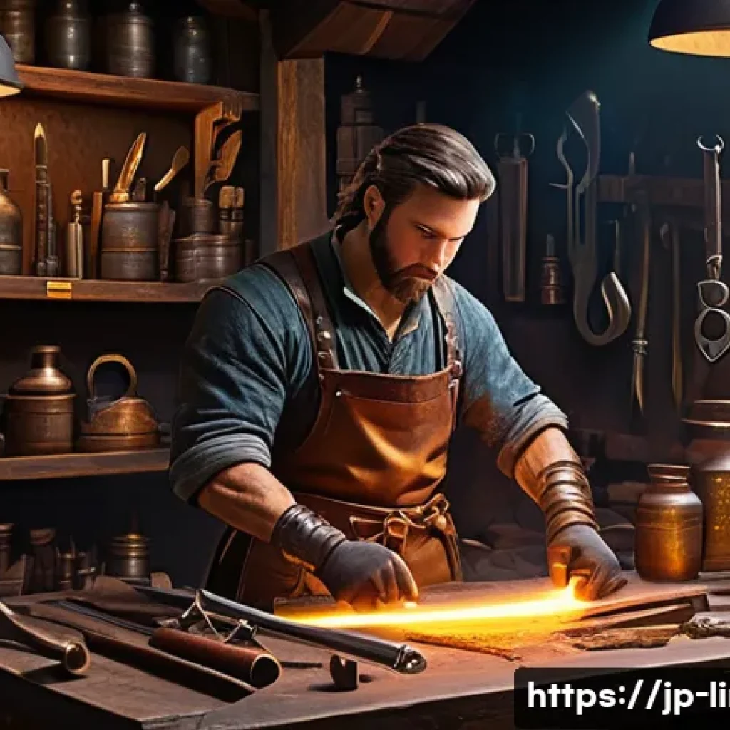 리니지M 초보자 장비 강화법 - A detailed fantasy RPG blacksmith workshop scene where a skilled artisan carefully enhances a glowin...