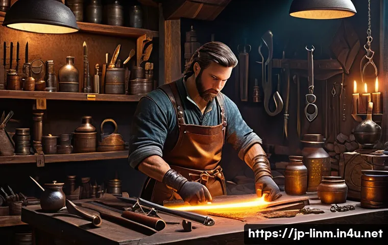 리니지M 초보자 장비 강화법 - A detailed fantasy RPG blacksmith workshop scene where a skilled artisan carefully enhances a glowin...