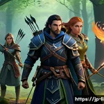 리니지M 필드 레이드 팁 - A fantasy-themed party of four adventurers preparing for a field raid in a lush forest clearing at d...