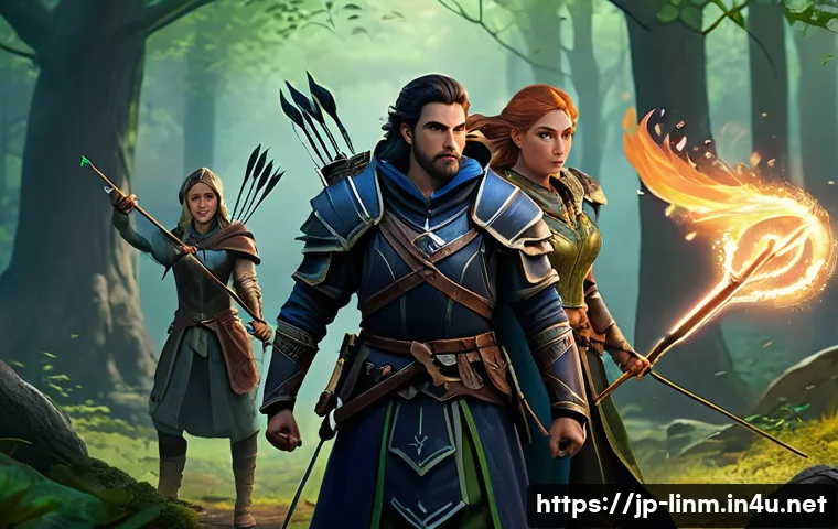 리니지M 필드 레이드 팁 - A fantasy-themed party of four adventurers preparing for a field raid in a lush forest clearing at d...