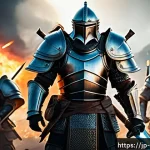 리니지M 공성전 준비물 목록 - A detailed fantasy warrior standing on a battlefield during a castle siege, wearing balanced armor w...