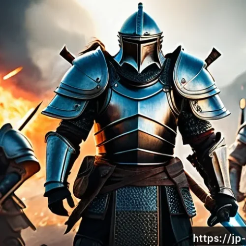 리니지M 공성전 준비물 목록 - A detailed fantasy warrior standing on a battlefield during a castle siege, wearing balanced armor w...