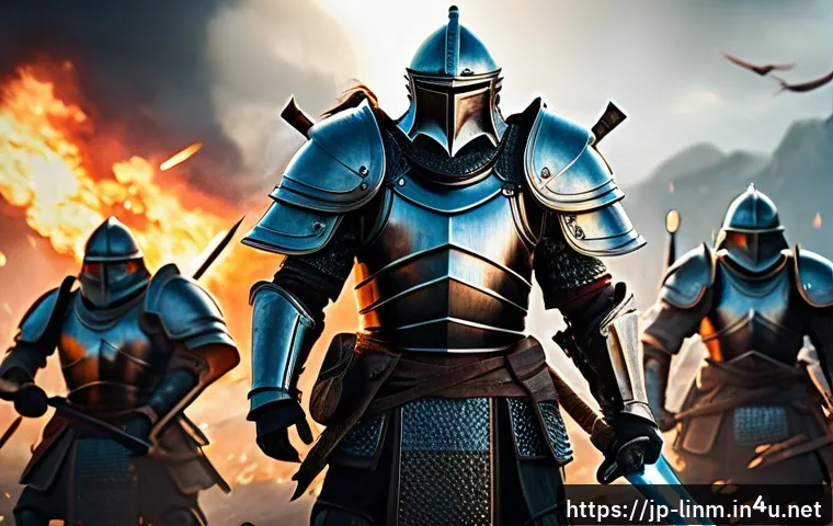 리니지M 공성전 준비물 목록 - A detailed fantasy warrior standing on a battlefield during a castle siege, wearing balanced armor w...