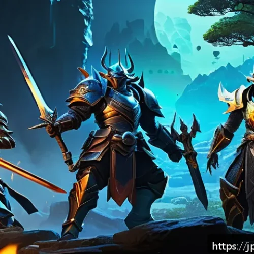 리니지M 군주 계급 상승 조건 - A dynamic scene of a high-level MMORPG dungeon raid party in action, featuring diverse characters in...