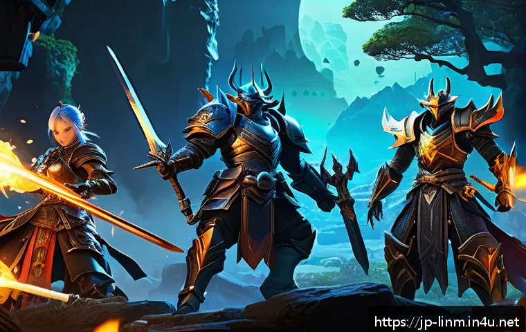 리니지M 군주 계급 상승 조건 - A dynamic scene of a high-level MMORPG dungeon raid party in action, featuring diverse characters in...