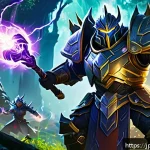 리니지M 신규 지역 필드 보스 - A dynamic scene depicting a diverse party of adventurers battling a colossal field boss in a lush ne...