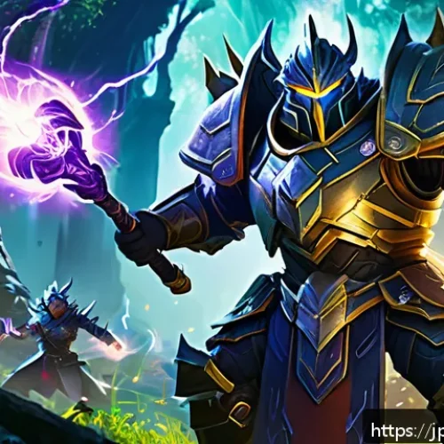 리니지M 신규 지역 필드 보스 - A dynamic scene depicting a diverse party of adventurers battling a colossal field boss in a lush ne...