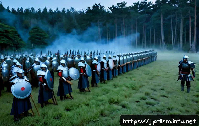 리니지M 필드 전쟁 준비 - Photorealistic cinematic fantasy battlefield preparation, a disciplined group of armored warriors ga...