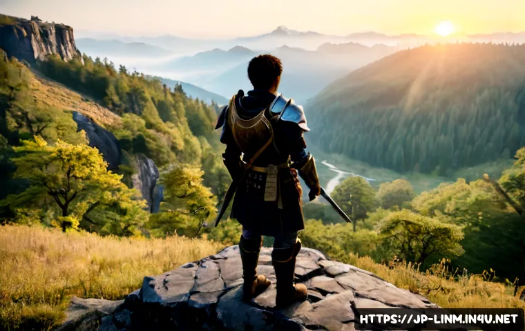 리니지M 사냥터 필수 정보 - Photorealistic cinematic fantasy MMORPG hunting ground at dawn, a fully armored adventurer standing ...
