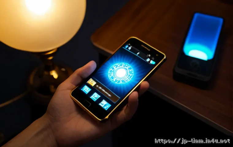 리니지M 희귀 아이템 리뷰 - Photorealistic close-up of a smartphone held by an adult gamer, showing an unbranded fantasy role-pl...