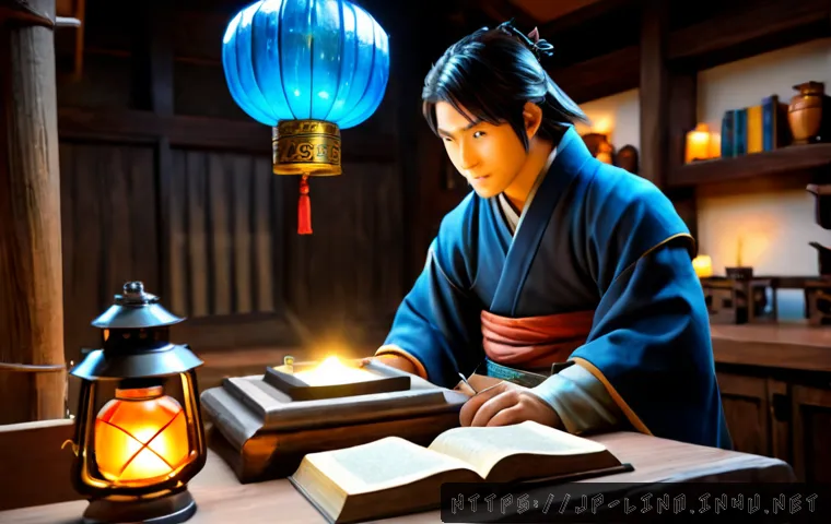 리니지M 스킬 상점 가이드 - Photorealistic fantasy MMORPG skill merchant scene, a wise armored shopkeeper behind a polished wood...